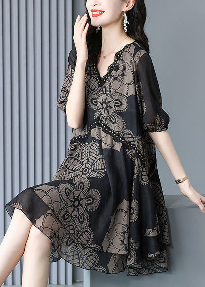Fashion Black V Neck Print Chiffon Maxi Dress Summer