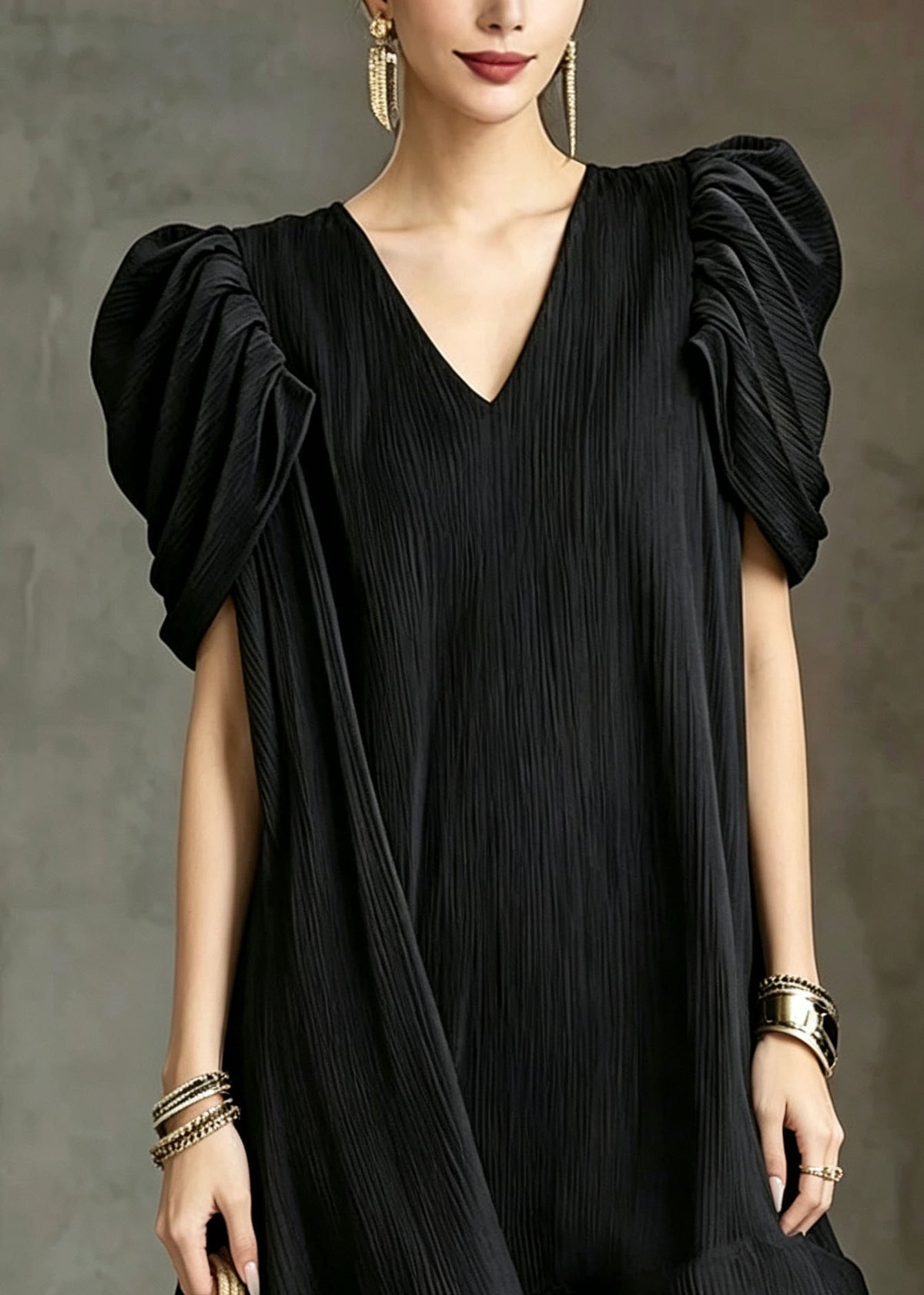 Fashion Black V Neck Ruffled Patchwork Puff Sleeve Cotton Mid Dress