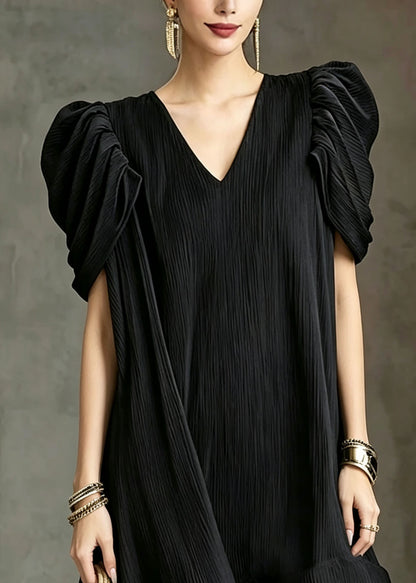 Fashion Black V Neck Ruffled Patchwork Puff Sleeve Cotton Mid Dress