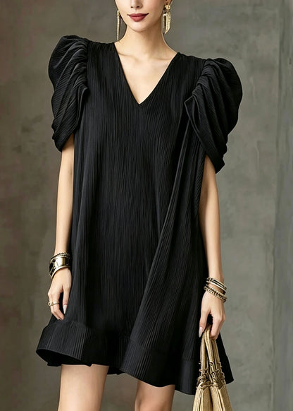 Fashion Black V Neck Ruffled Patchwork Puff Sleeve Cotton Mid Dress