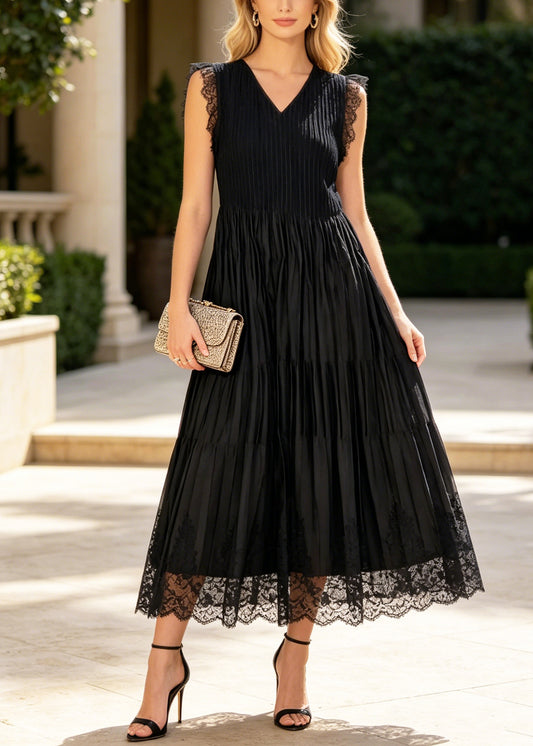 Fashion Black Wrinkled Patchwork Lace Holiday Dress Sleeveless