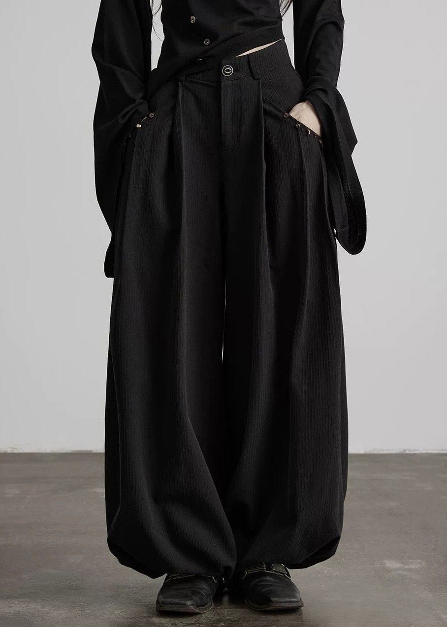Fashion Black Wrinkled Pockets High Waist Lantern Pants Fall