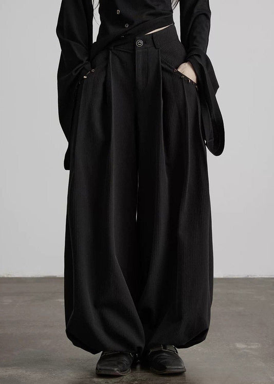 Fashion Black Wrinkled Pockets High Waist Lantern Pants Fall