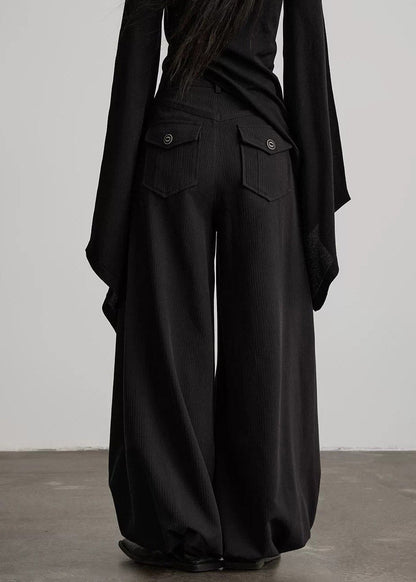 Fashion Black Wrinkled Pockets High Waist Lantern Pants Fall