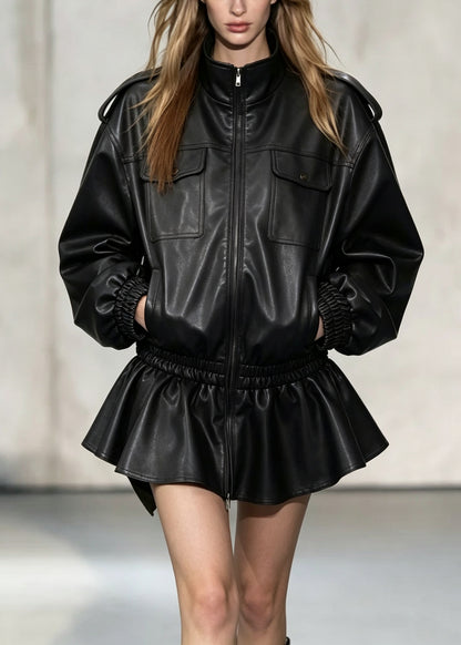 Fashion Black Zip Up Pockets Patchwork Faux Leather Trench Dress Fall