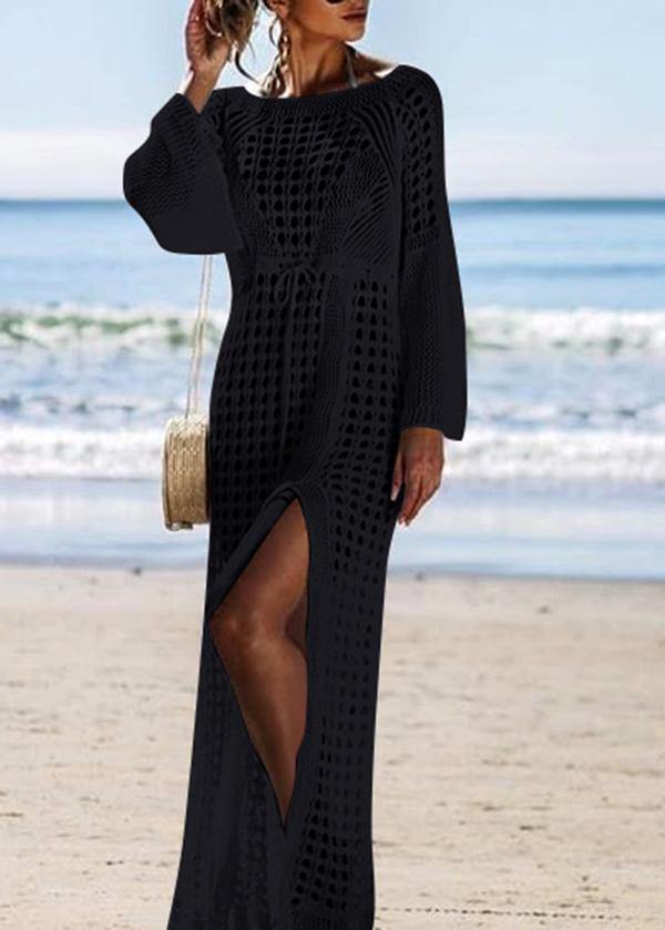 Fashion Black knitting Cotton Hollow Out Summer Dresses - SooLinen