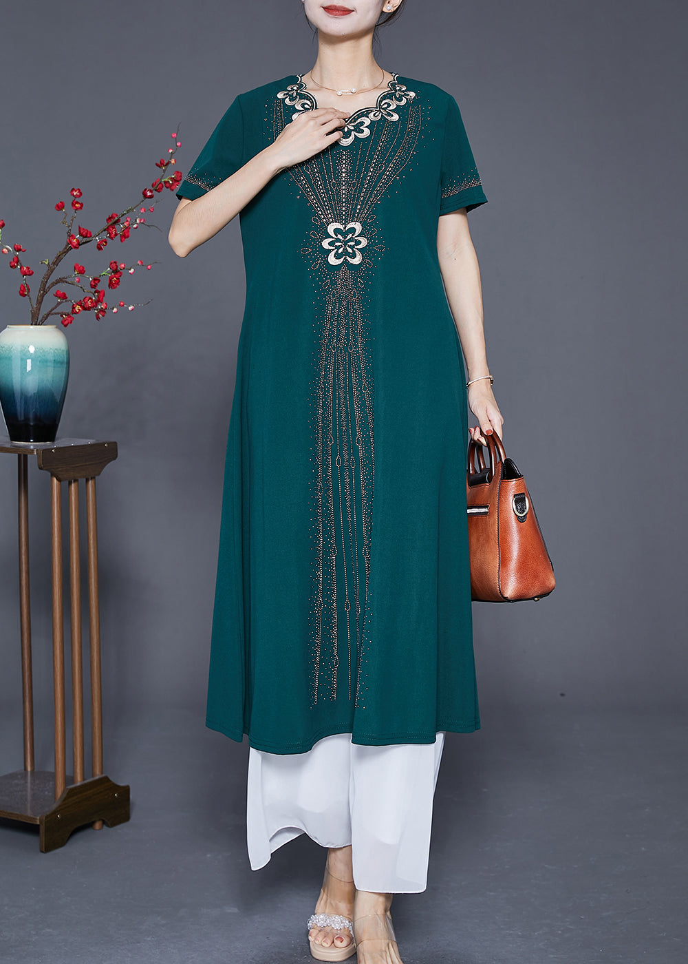 Fashion Blackish Green Embroideried Zircon Chiffon Maxi Dresses Summer