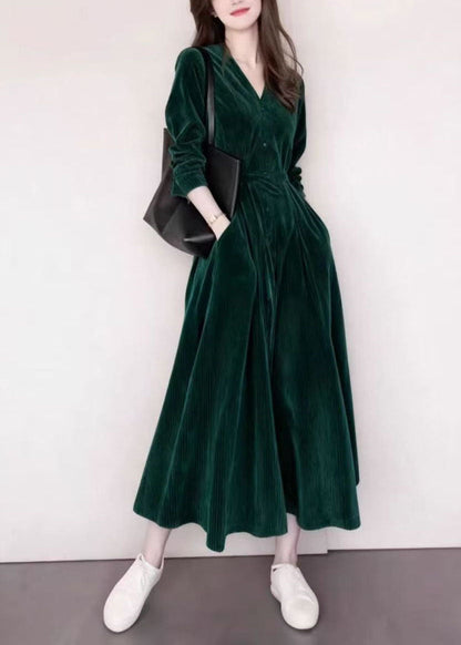 Fashion Blackish Green V Neck Pockets Patchwork Corduroy Dress Fall