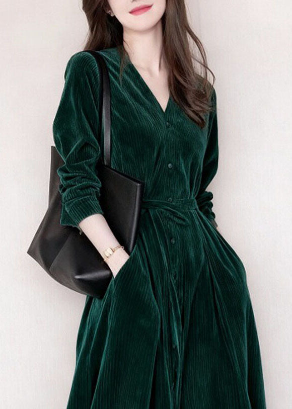 Fashion Blackish Green V Neck Pockets Patchwork Corduroy Dress Fall