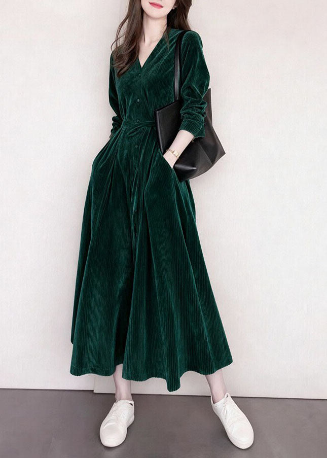 Fashion Blackish Green V Neck Pockets Patchwork Corduroy Dress Fall