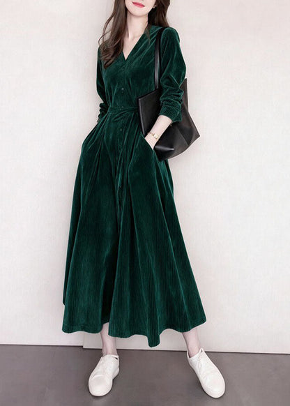 Fashion Blackish Green V Neck Pockets Patchwork Corduroy Dress Fall