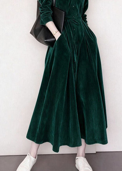 Fashion Blackish Green V Neck Pockets Patchwork Corduroy Dress Fall