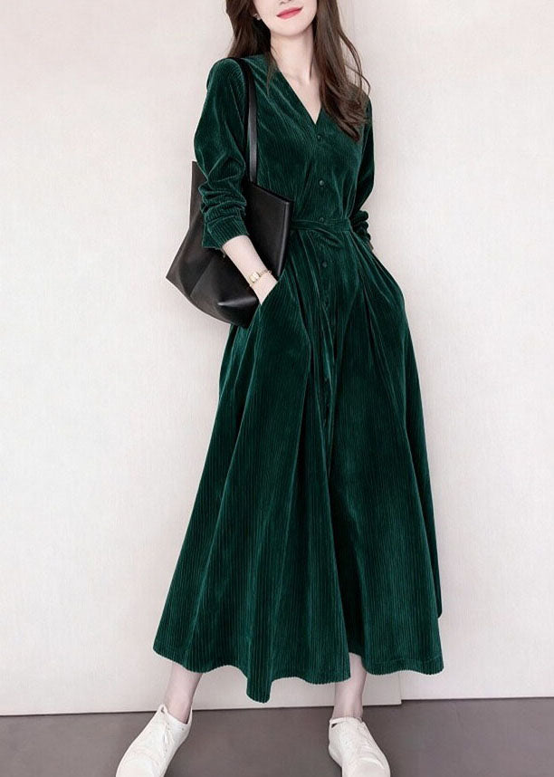 Fashion Blackish Green V Neck Pockets Patchwork Corduroy Dress Fall