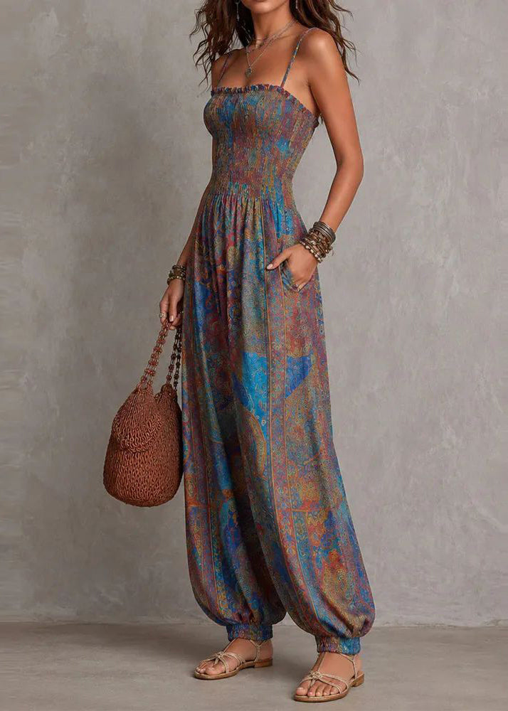 Fashion Blue Cami Print Cotton Jumpsuit Summer