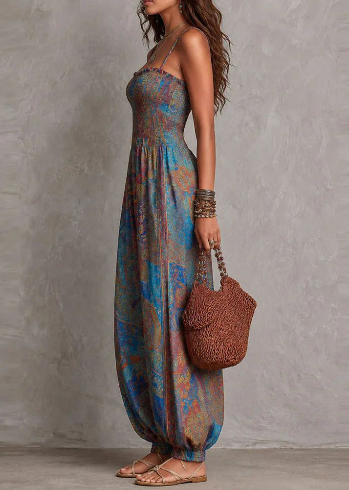 Fashion Blue Cami Print Cotton Jumpsuit Summer
