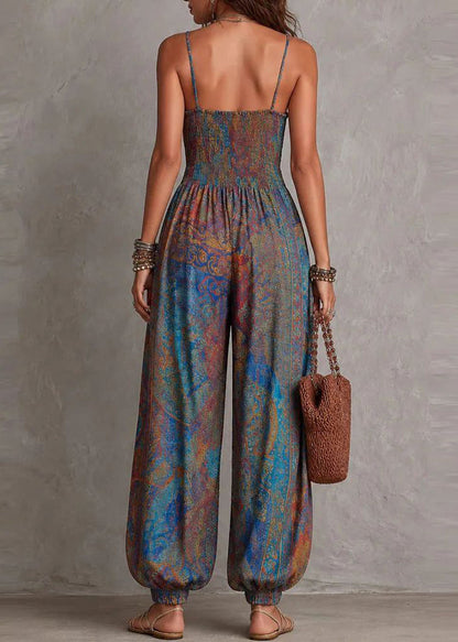 Fashion Blue Cami Print Cotton Jumpsuit Summer