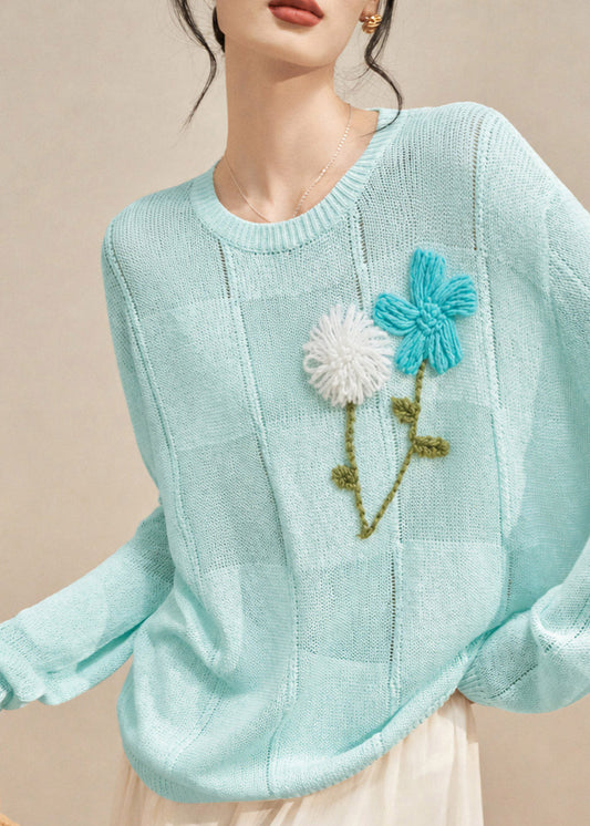 Fashion Blue Embroidered Floral Cotton Knit Sweaters Tops Long Sleeve