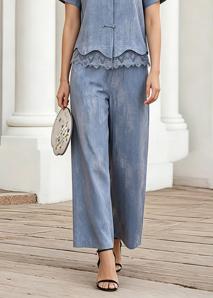Fashion Blue Lace Patchwork Shirt And Crop Pants Two-Piece Set Short Sleeve