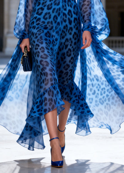 Fashion Blue Leopard V Neck Patchwork Chiffon Long Dress Summer
