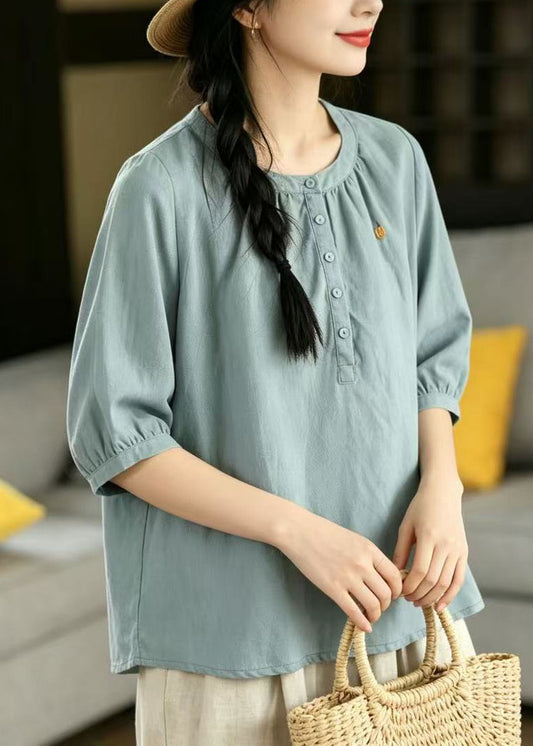 Fashion Blue O-Neck Embroidered Cotton Top Half Sleeve