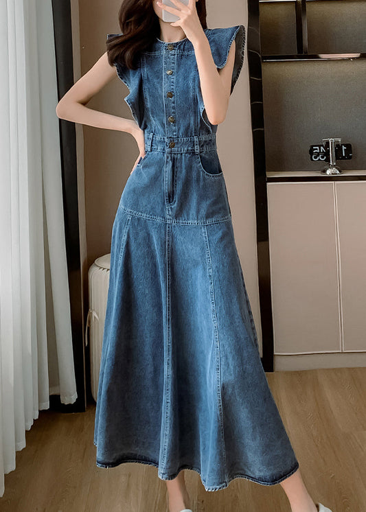Fashion Blue O Neck Patchwork Denim Long Dress Butterfly Sleeve