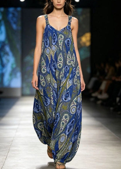 Fashion Blue O-Neck Print Jumpsuits Sleeveless