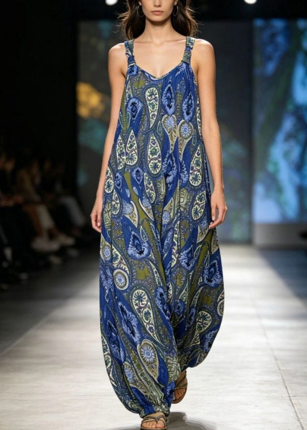 Fashion Blue O-Neck Print Jumpsuits Sleeveless