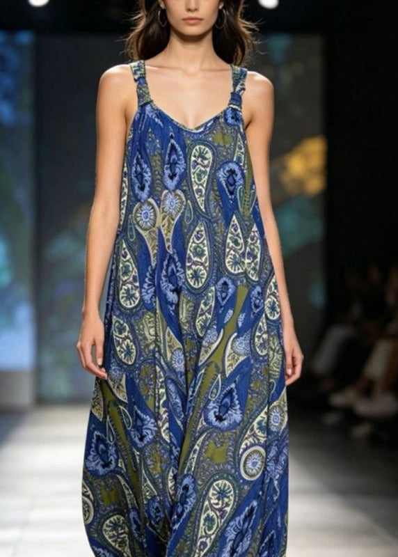 Fashion Blue O-Neck Print Jumpsuits Sleeveless