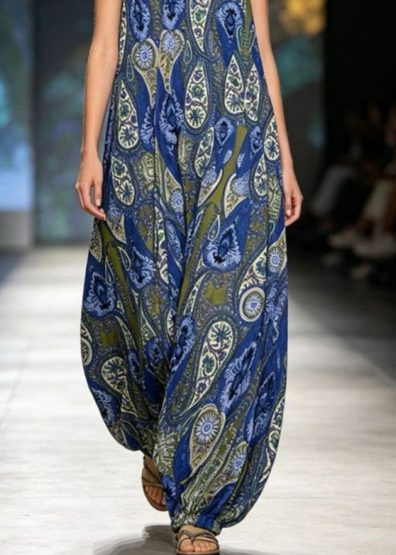 Fashion Blue O-Neck Print Jumpsuits Sleeveless