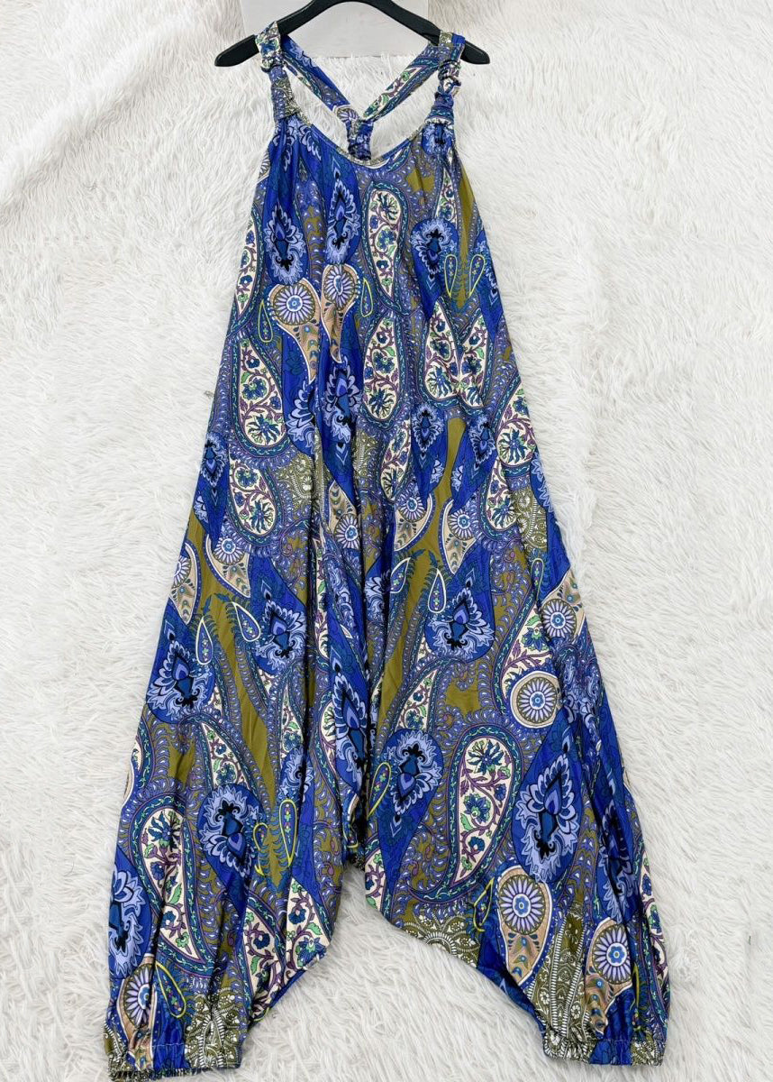 Fashion Blue O-Neck Print Jumpsuits Sleeveless