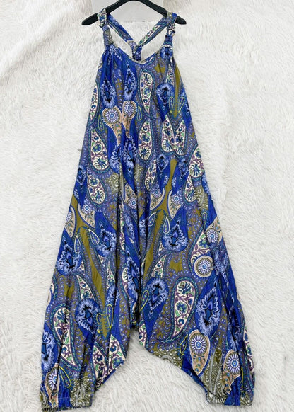 Fashion Blue O-Neck Print Jumpsuits Sleeveless