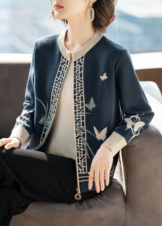Fashion Blue O-Neck Print Knitted Cotton Cardigans Fall