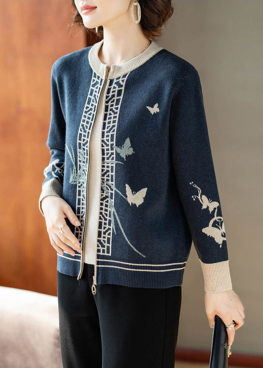 Fashion Blue O-Neck Print Knitted Cotton Cardigans Fall