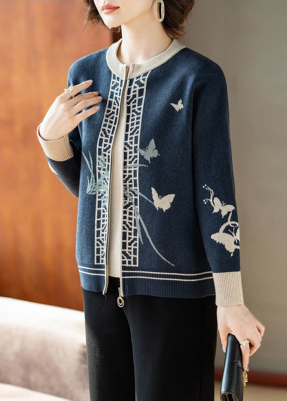 Fashion Blue O-Neck Print Knitted Cotton Cardigans Fall