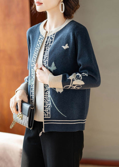 Fashion Blue O-Neck Print Knitted Cotton Cardigans Fall