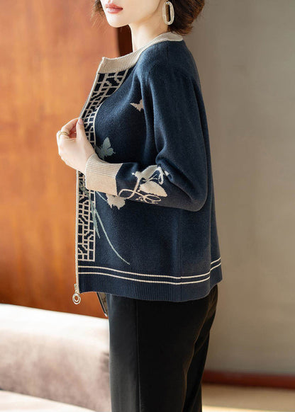 Fashion Blue O-Neck Print Knitted Cotton Cardigans Fall
