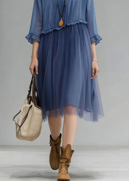 Fashion Blue O-Neck Ruffled Tulle Patchwork Chiffon Dress Summer