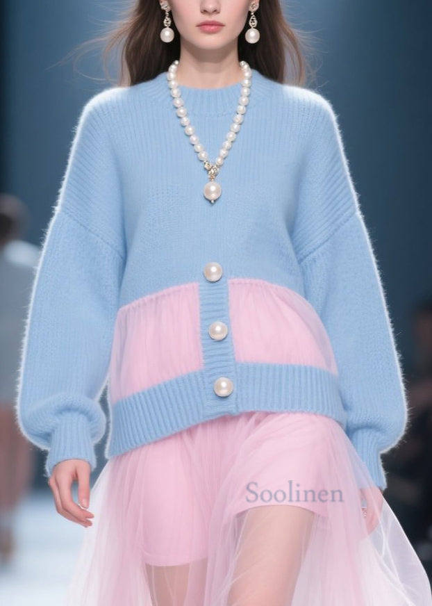 Fashion Blue O Neck Tulle Patchwork Knit Dress Fall