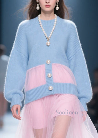 Fashion Blue O Neck Tulle Patchwork Knit Dress Fall