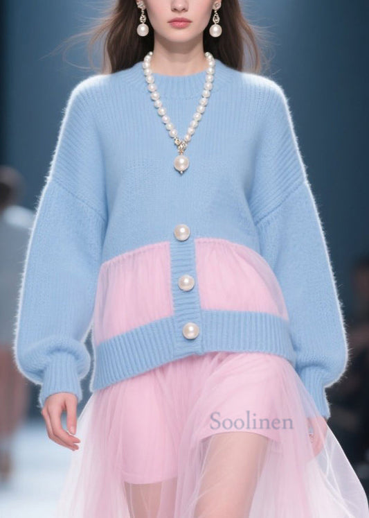 Fashion Blue O Neck Tulle Patchwork Knit Dress Fall