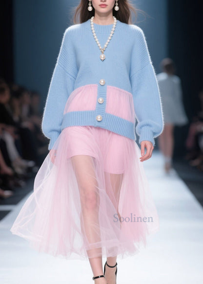 Fashion Blue O Neck Tulle Patchwork Knit Dress Fall