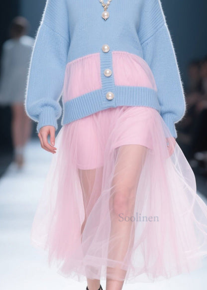 Fashion Blue O Neck Tulle Patchwork Knit Dress Fall