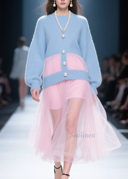 Fashion Blue O Neck Tulle Patchwork Knit Dress Fall