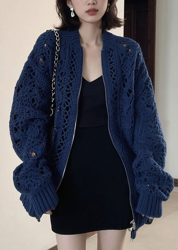 Fashion Blue O-Neck Zippered Patchwork Cotton Knit Coats Long Sleeve