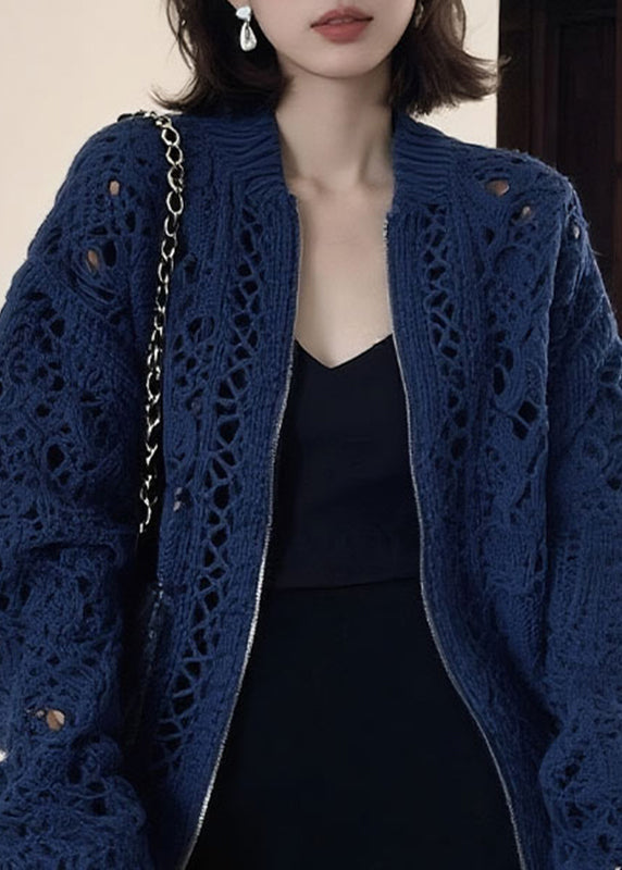 Fashion Blue O-Neck Zippered Patchwork Cotton Knit Coats Long Sleeve