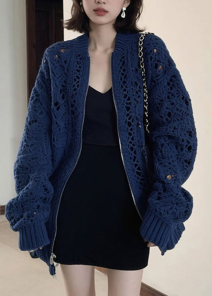 Fashion Blue O-Neck Zippered Patchwork Cotton Knit Coats Long Sleeve
