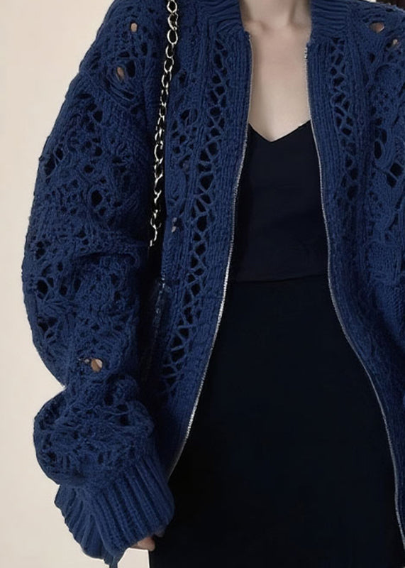 Fashion Blue O-Neck Zippered Patchwork Cotton Knit Coats Long Sleeve