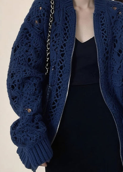 Fashion Blue O-Neck Zippered Patchwork Cotton Knit Coats Long Sleeve