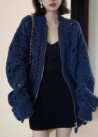 Fashion Blue O-Neck Zippered Patchwork Cotton Knit Coats Long Sleeve