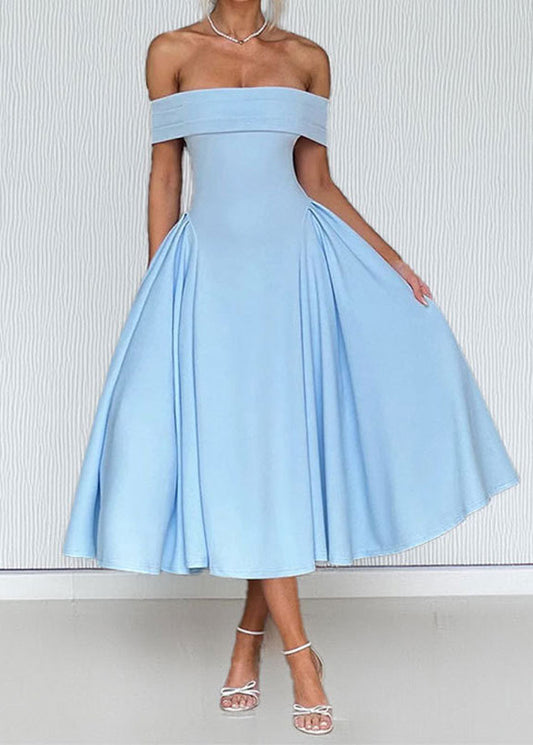 Fashion Blue Off Shoulder Sexy Slash Neck Wrinkled Dress Summer